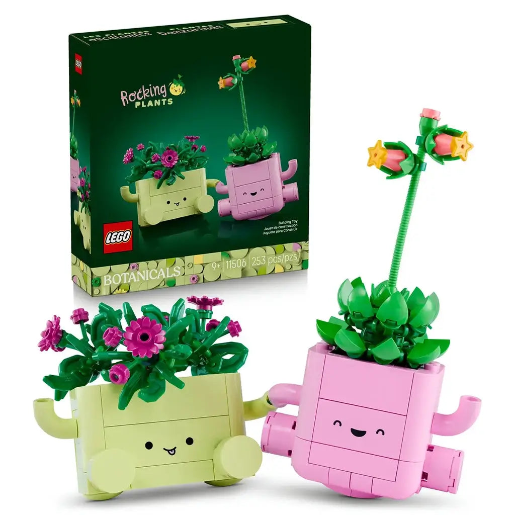 LEGO Botanicals Rocking Plants set 11506 in pink and light green bricks features two smiling flower planters with green foliage, shown beside the dark green retail box.