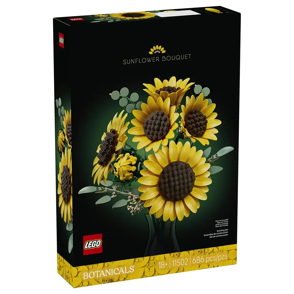 LEGO sunflower bouquet set box features bright yellow plastic petals with textured dark brown centers forming large flower heads, designed as decorative floral stems displayed on sleek black packaging with branding and product details.