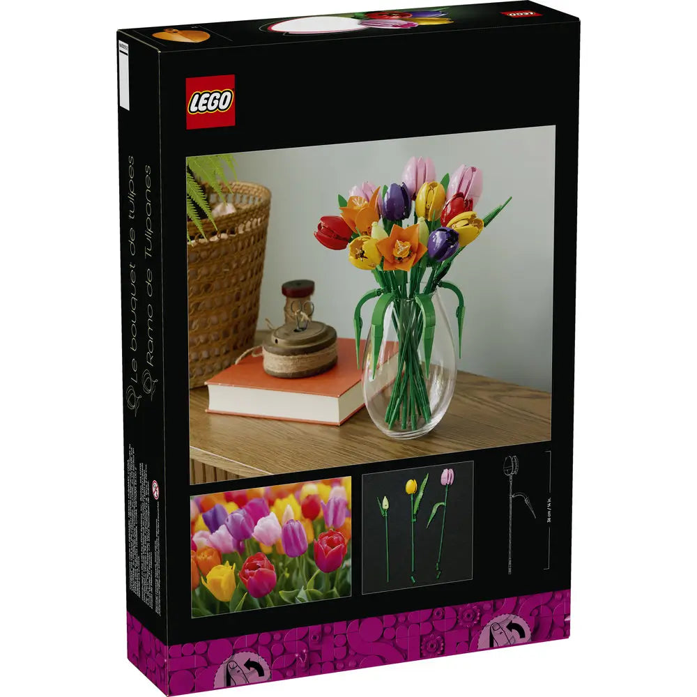 LEGO Botanicals Tulip Bouquet package back shows the black cardboard box with lifestyle images, stem variations, and product details, presenting the decorative building set from a rear angle.