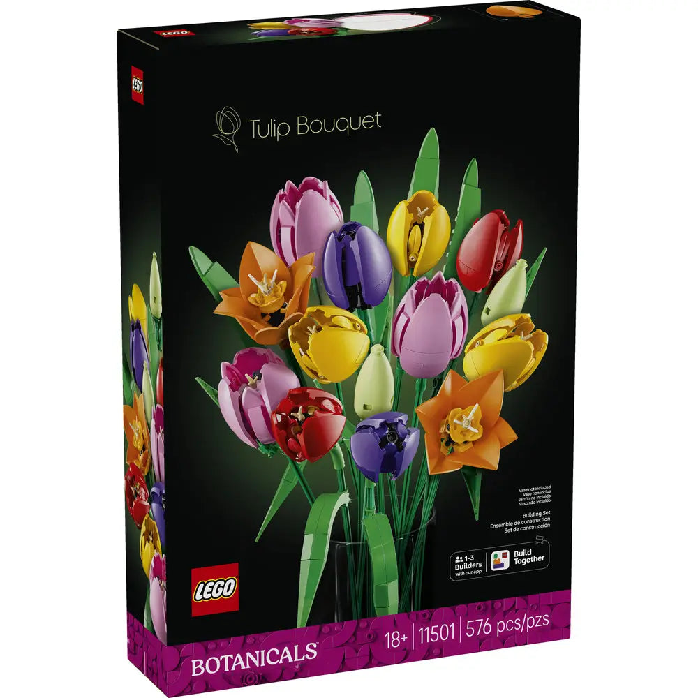 LEGO Botanicals Tulip Bouquet box shows a black cardboard package with colorful plastic tulip flowers pictured on the front, highlighting the decorative building set designed for adult home décor display.