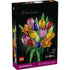 LEGO Botanicals Tulip Bouquet box shows a black cardboard package with colorful plastic tulip flowers pictured on the front, highlighting the decorative building set designed for adult home décor display.
