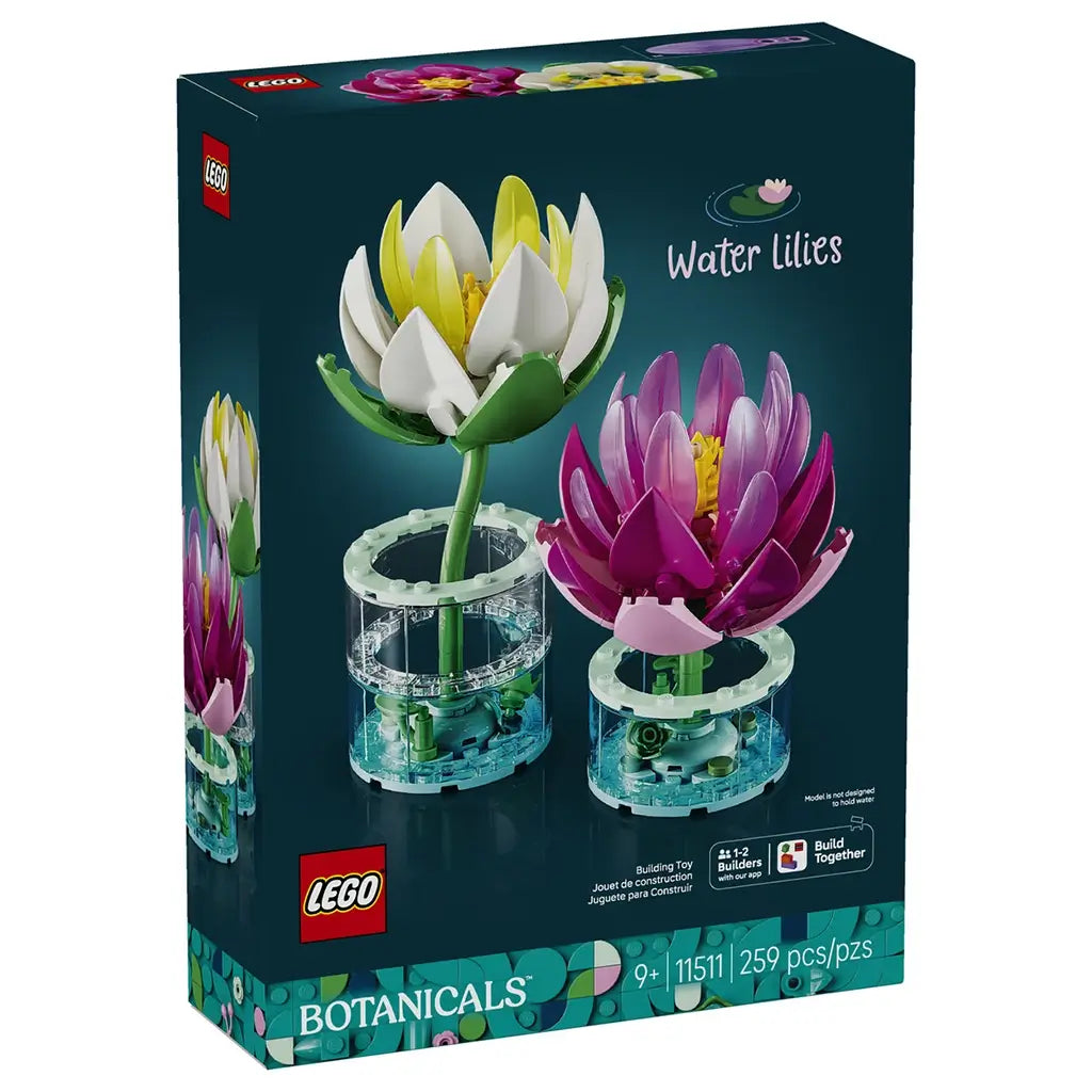 LEGO Botanicals Water Lilies 11511 box in dark teal shows white-yellow and pink-purple brick-built blooms on green stems in two clear cylindrical display bases.