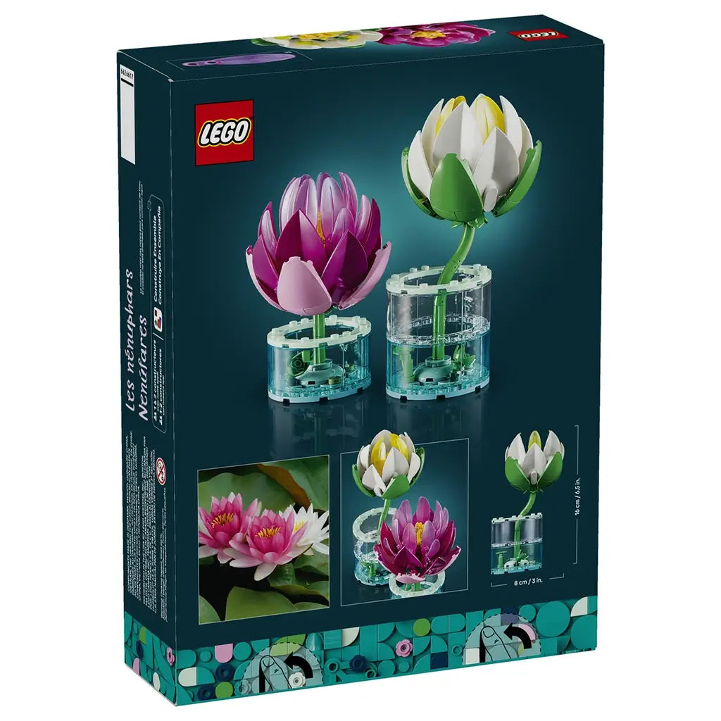 LEGO Botanicals Water Lilies 11511 package back in dark teal shows two brick-built blooms in clear bases, real water lily imagery, and model dimensions and details.