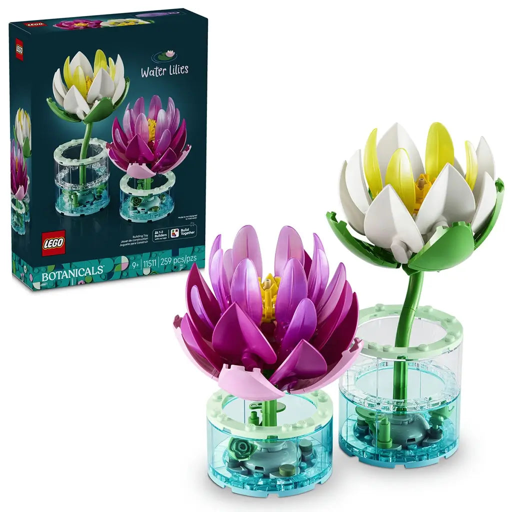 LEGO Botanicals Water Lilies 11511 in white, yellow, pink, purple, green, and clear plastic form two detailed blooms in round display bases beside the set box.