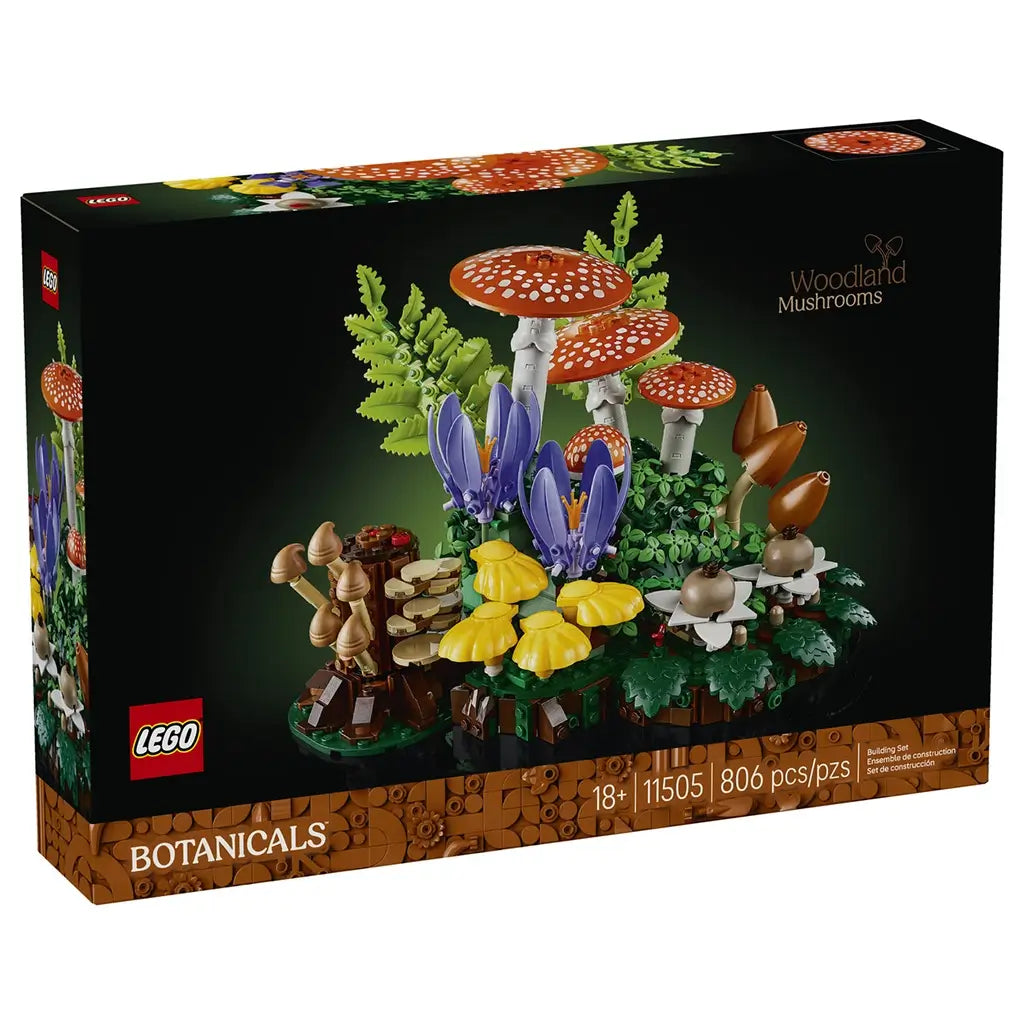 LEGO Botanicals Woodland Mushrooms 11505 box front presents orange spotted caps, yellow and brown fungi, purple flowers, and green foliage on black packaging.
