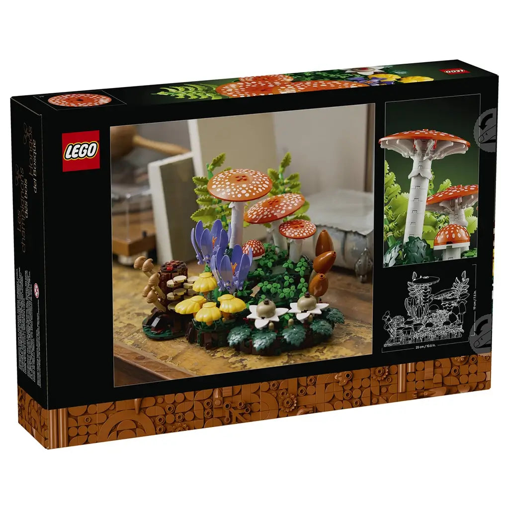 LEGO Botanicals Woodland Mushrooms 11505 package back shows the orange, purple, yellow, brown, and green forest display, lifestyle photo, and model dimensions.
