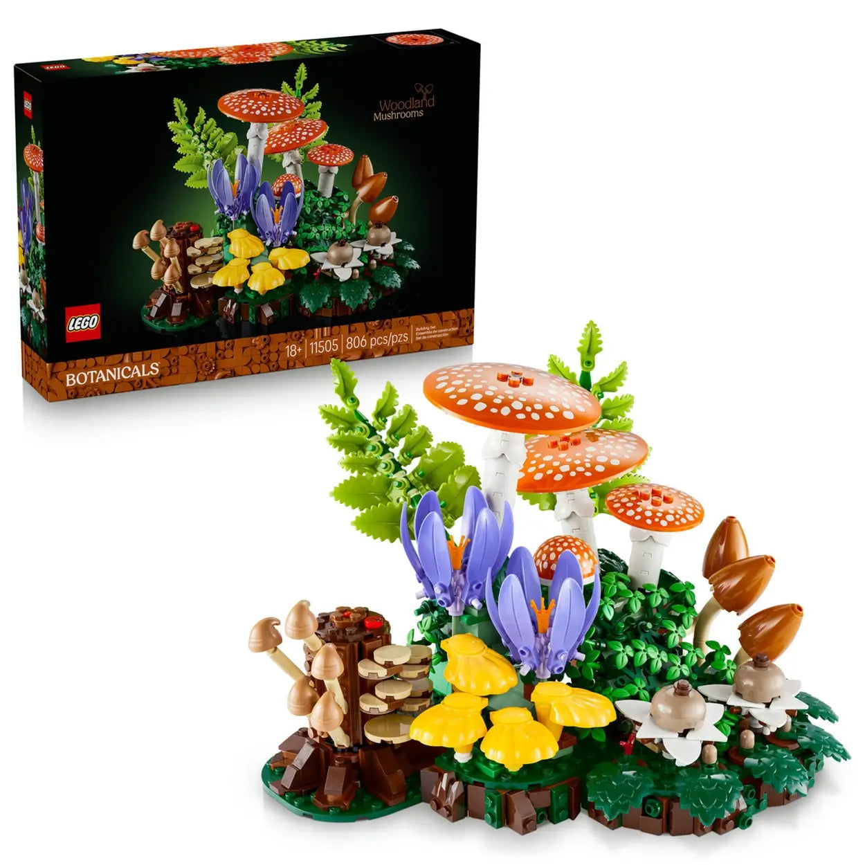 LEGO Botanicals Woodland Mushrooms 11505 pairs its black retail box with an orange, yellow, purple, brown, and green brick-built forest display on a white background.