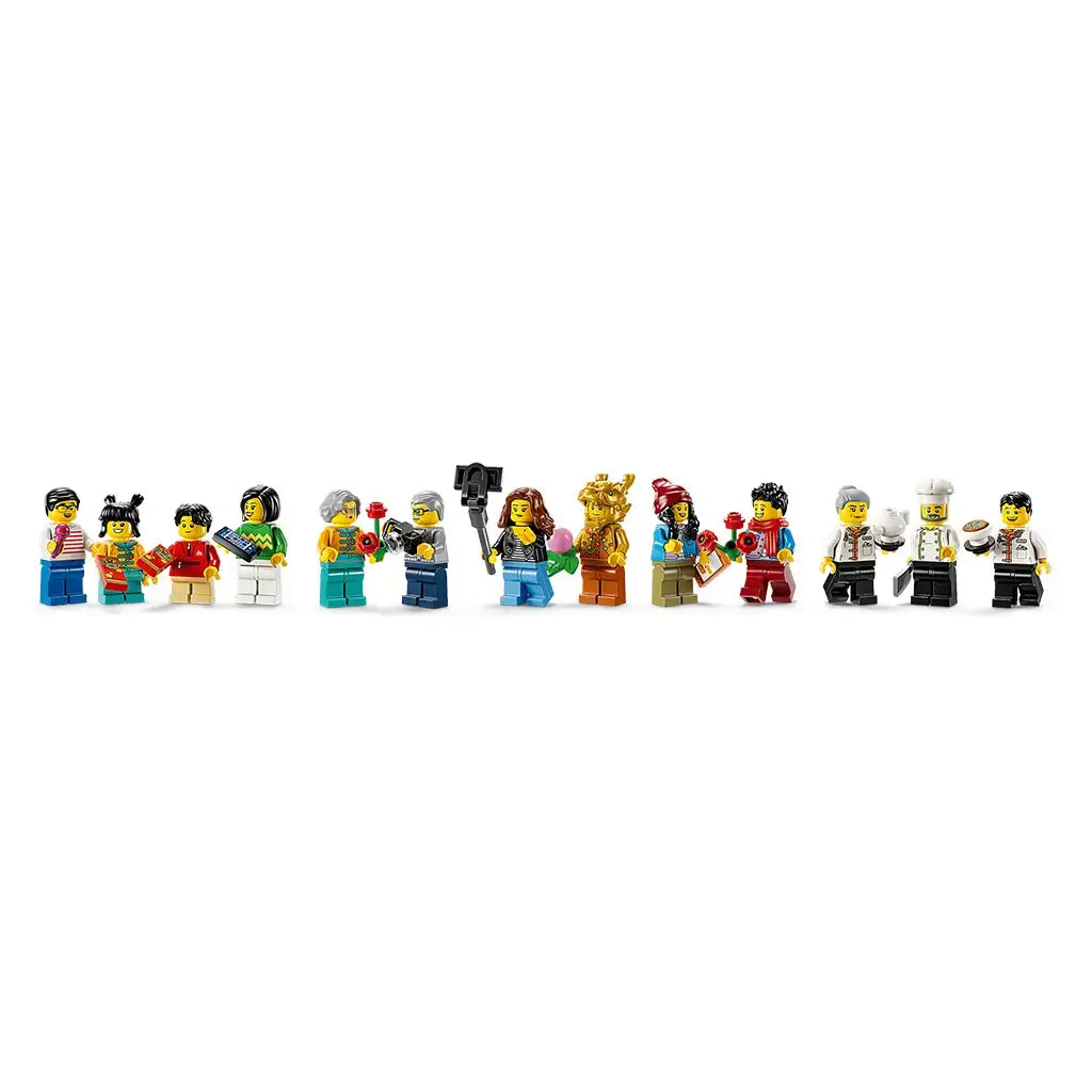 LEGO Spring Festival minifigures in red, blue, green, white, gold and black plastic show 13 family, guest and restaurant characters lined up on a white background.