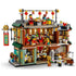 LEGO Spring Festival restaurant in green, red, gold and tan plastic is opened to reveal rooftop and indoor dining, a ground-floor kitchen and 13 minifigures on white.