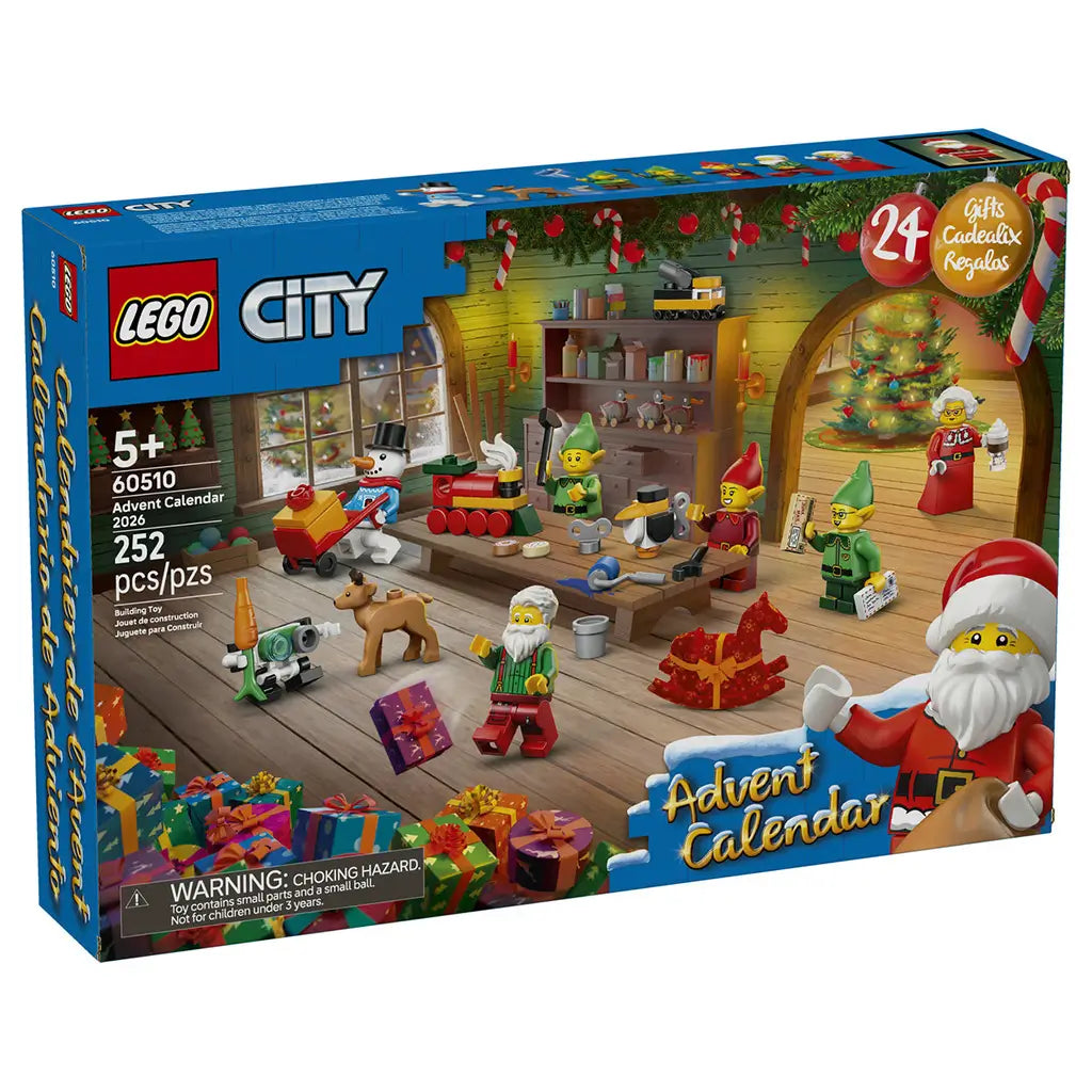 LEGO City Advent Calendar 2026 set 60510 has a blue cardboard box showing Santa's colorful workshop scene, 24 gifts, 252 pieces and festive Christmas decorations.