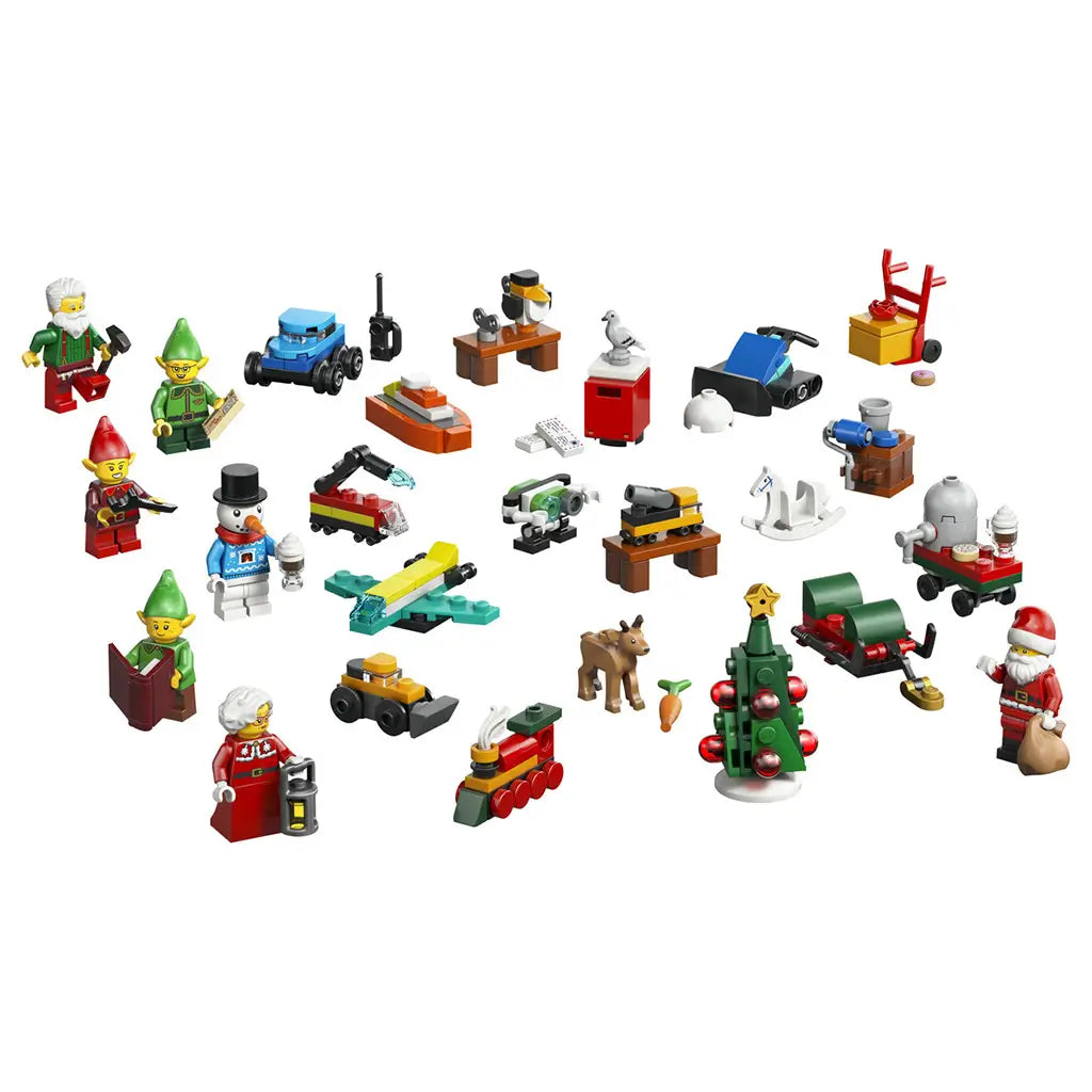 LEGO City Advent Calendar 2026 builds include colorful plastic Santa, elves, snowman, reindeer, Christmas tree, toy vehicles and workshop accessories on white.