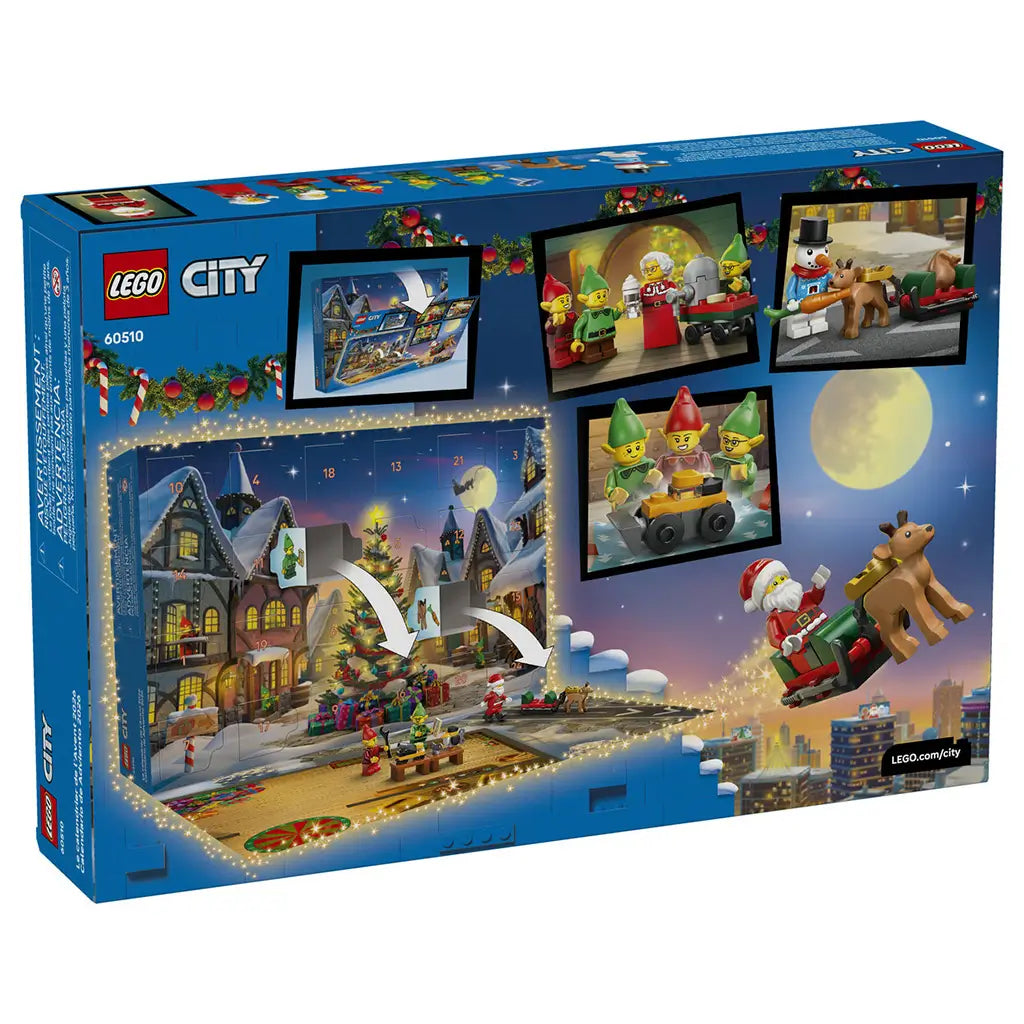 LEGO City Advent Calendar 2026 set 60510 has a blue cardboard box back showing the snowy numbered calendar, play mat, Santa sleigh, reindeer and festive mini-build scenes.