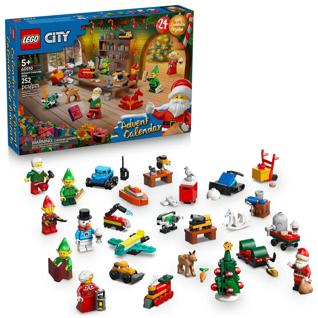 LEGO City Advent Calendar 2026 set 60510 features colorful plastic Santa, elves, holiday vehicles, toys and a Christmas tree beside the blue retail box on white.
