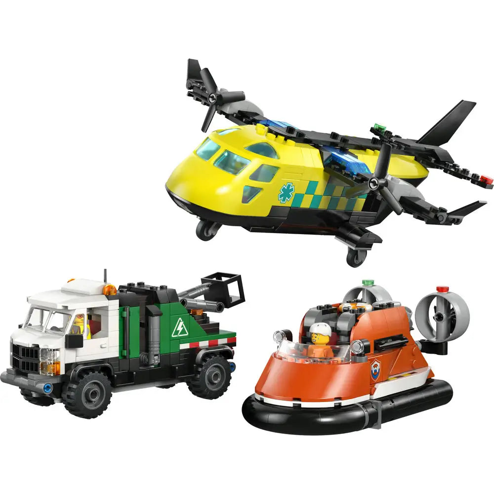 LEGO City airplane service rescue set featuring a yellow and black plastic tilt-rotor aircraft, green utility truck, and orange hovercraft, designed for emergency response play on a clean white studio background.