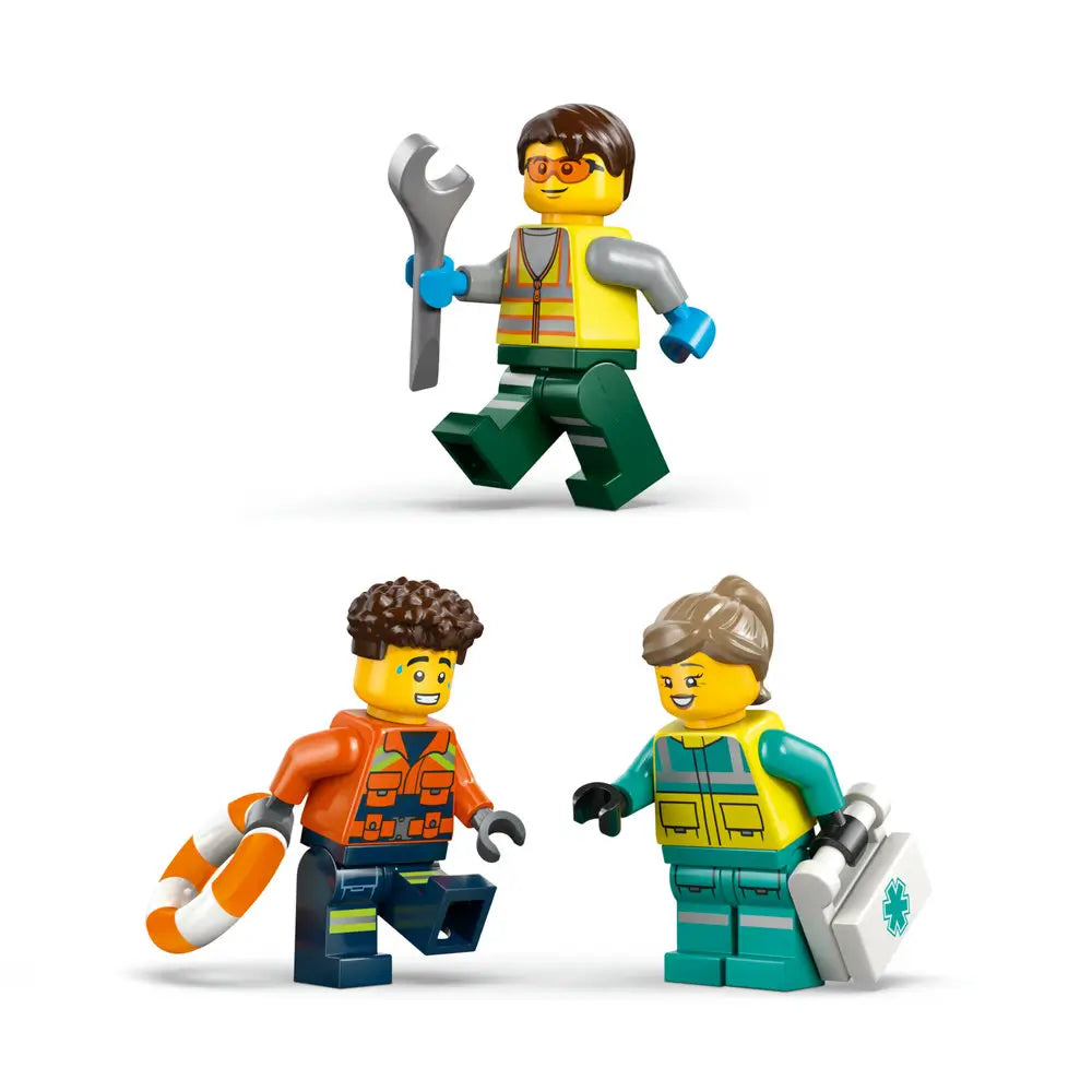 LEGO City rescue minifigures in bright safety colors with molded tools and accessories, including a wrench and life ring, shown as character components for the airplane service and hovercraft playset.