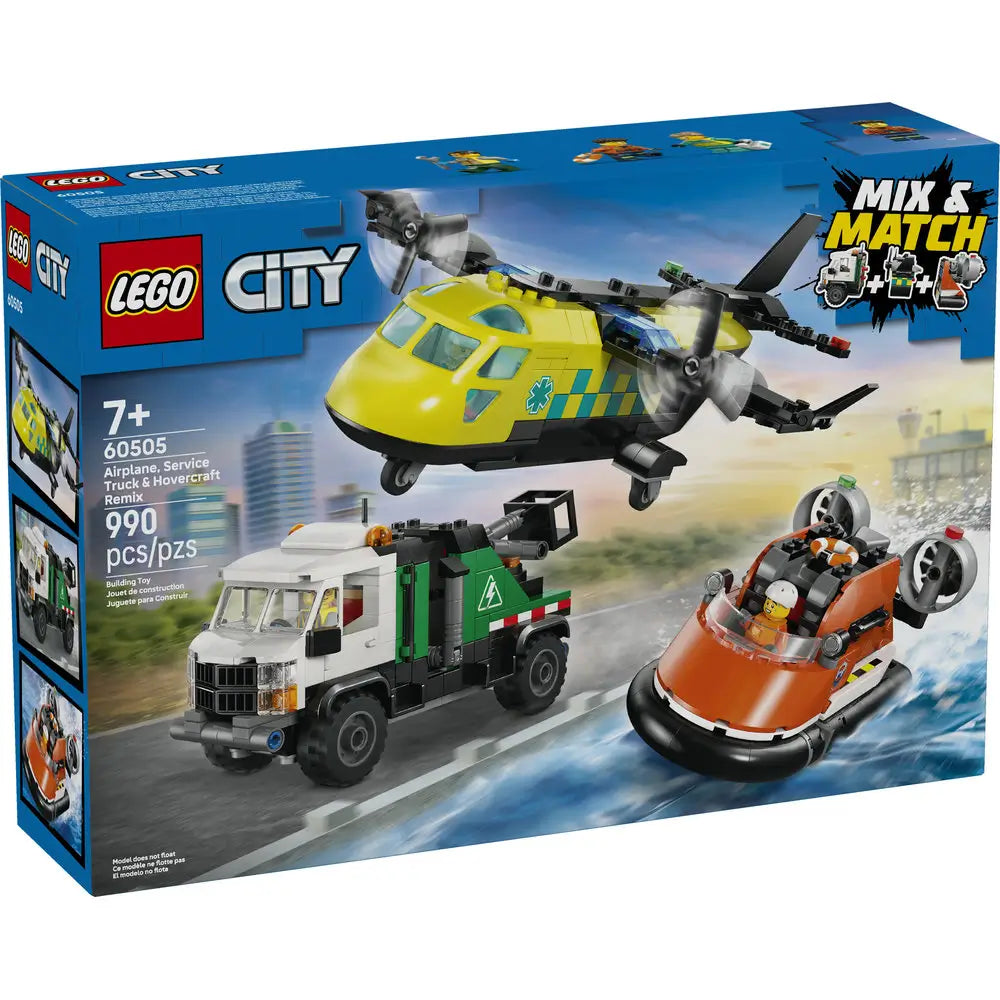 LEGO City Airplane Service Truck & Hovercraft Remix box with blue packaging, showing a yellow rescue aircraft, green service truck, orange hovercraft, minifigures, age rating, and action-packed city artwork.