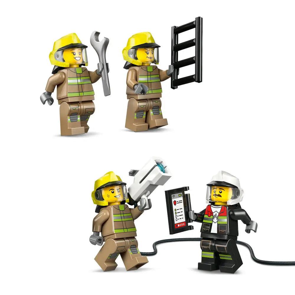 LEGO City firefighter minifigures shown with accessories, featuring tan fire suits with reflective striping, yellow helmets, handheld tools, ladder, and hose equipment for airport emergency roleplay.