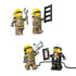 LEGO City firefighter minifigures shown with accessories, featuring tan fire suits with reflective striping, yellow helmets, handheld tools, ladder, and hose equipment for airport emergency roleplay.