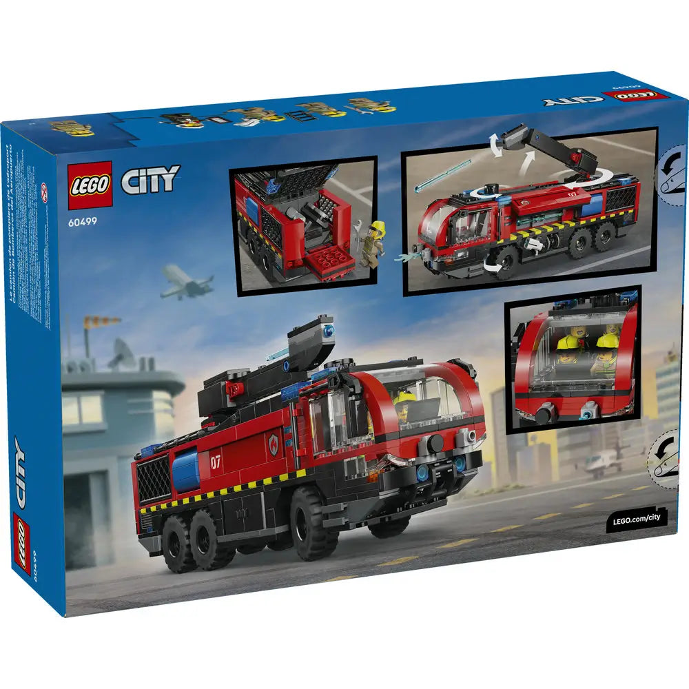 LEGO City Airport Fire Truck box back displaying illustrated play features, extendable water cannon arm, detailed cab interior, firefighter minifigures, and emergency action scenes on retail packaging.