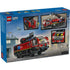 LEGO City Airport Fire Truck box back displaying illustrated play features, extendable water cannon arm, detailed cab interior, firefighter minifigures, and emergency action scenes on retail packaging.