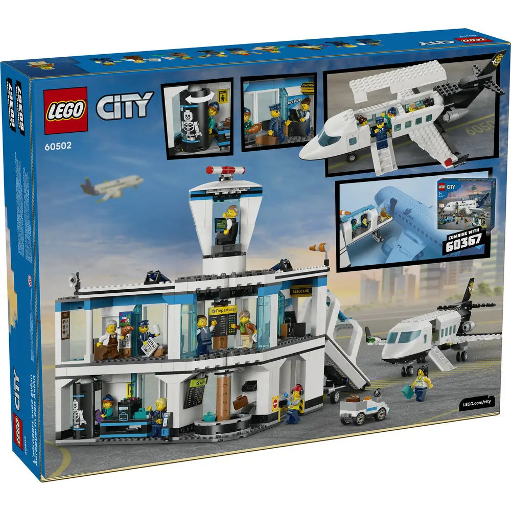 LEGO City Airport with Airplane box back displaying detailed play features, interior terminal scenes, airplane cabin, minifigures, and compatibility information on blue retail packaging.