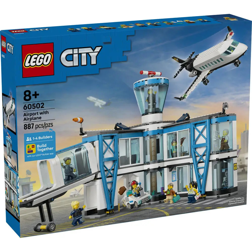 LEGO City Airport with Airplane box front showing blue branded packaging with illustrated airport terminal, control tower, and airplane set, highlighting an 8+ construction toy experience.