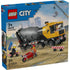 LEGO City Cement Mixer box front showing yellow cement truck with gray rotating drum, minifig construction workers, safety barriers, and urban worksite illustration on branded retail packaging.