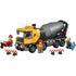 LEGO City cement mixer truck toy in yellow and gray plastic with a rounded rotating drum, black wheels, and hazard stripes, shown with construction minifigures and barriers on a clean white background.