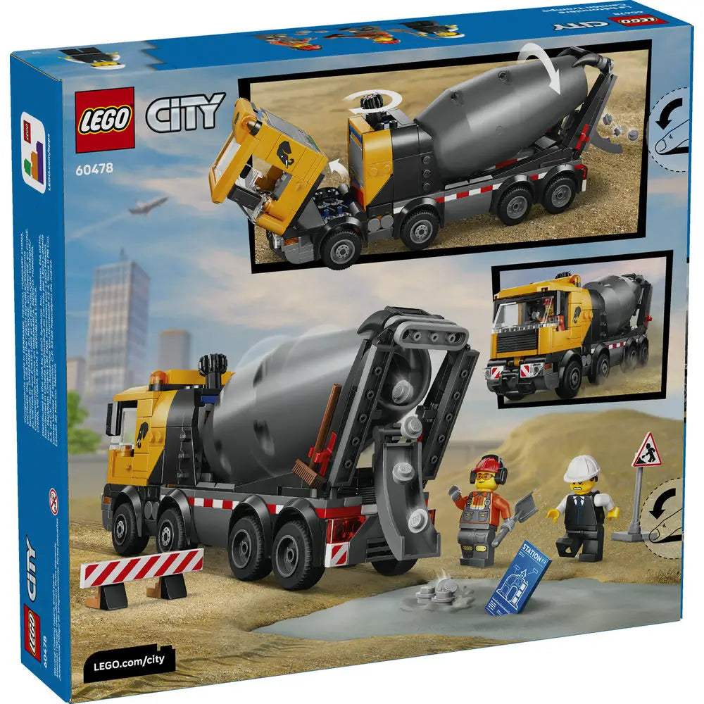 LEGO City Cement Mixer box back showing yellow truck with tilting cab, rotating gray drum functions, minifig workers, and step-by-step feature panels on branded retail packaging.