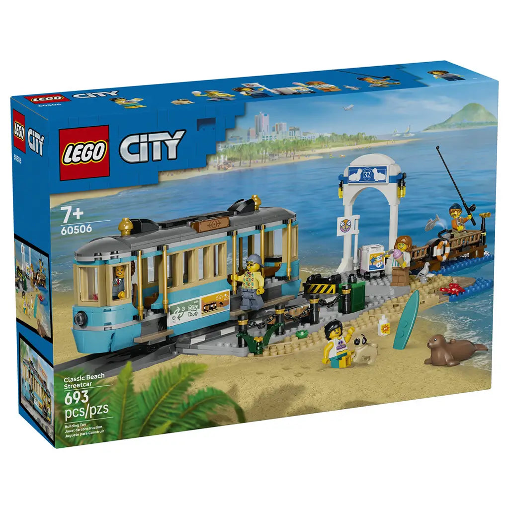 LEGO City Classic Beach Streetcar set 60506 box front in blue shows a turquoise and tan tram, seaside stop, fishing pier, minifigures, dog, seal, and surfboard.