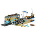 LEGO City Classic Beach Streetcar in turquoise, tan, gray, and brown plastic bricks features a tram, seaside stop, fishing pier, minifigures, dog, seal, and surfboard.