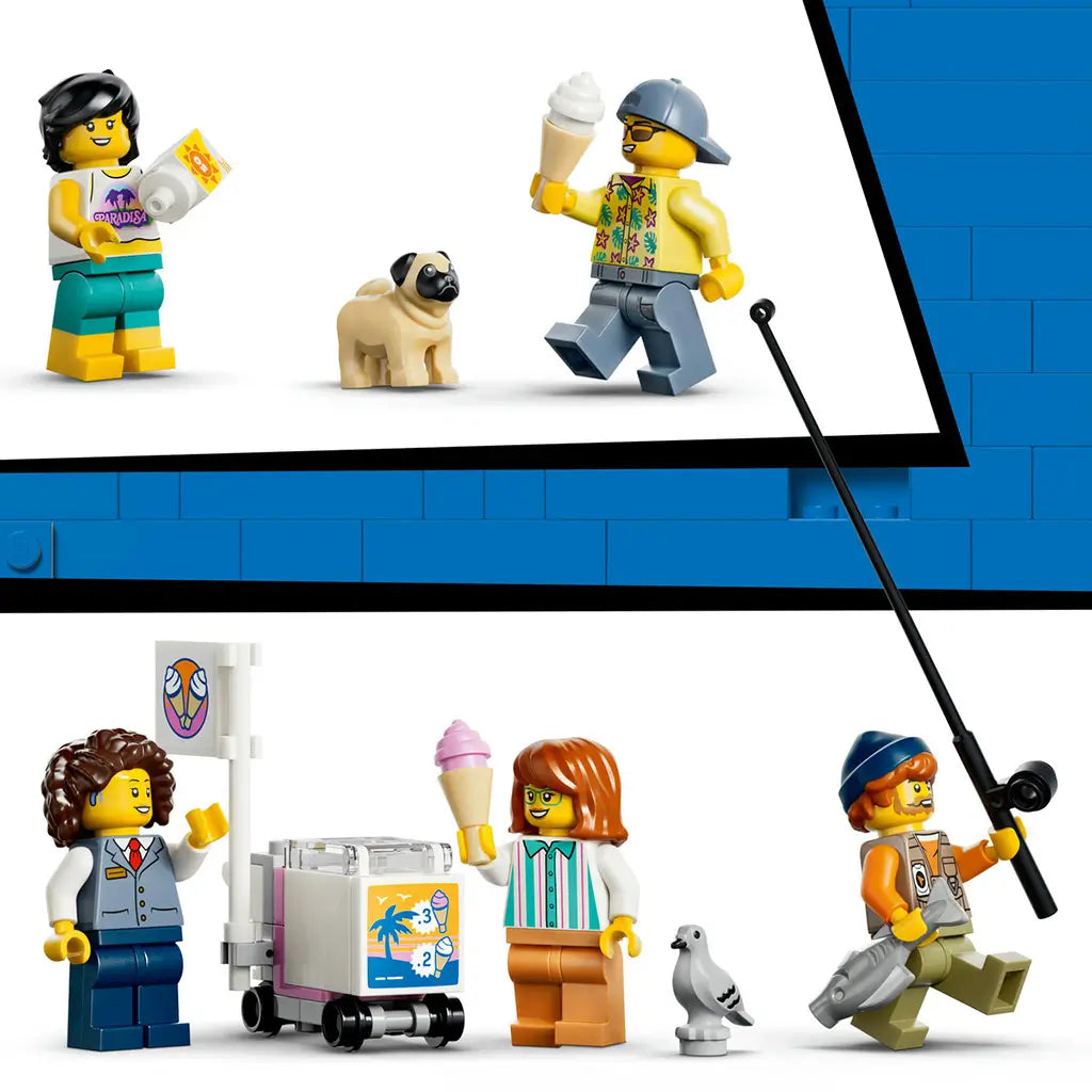 LEGO City beach streetcar minifigures in colorful plastic outfits include tourists with drinks, a pug, vendor with ice cream cart, pigeon, and angler carrying a fish.