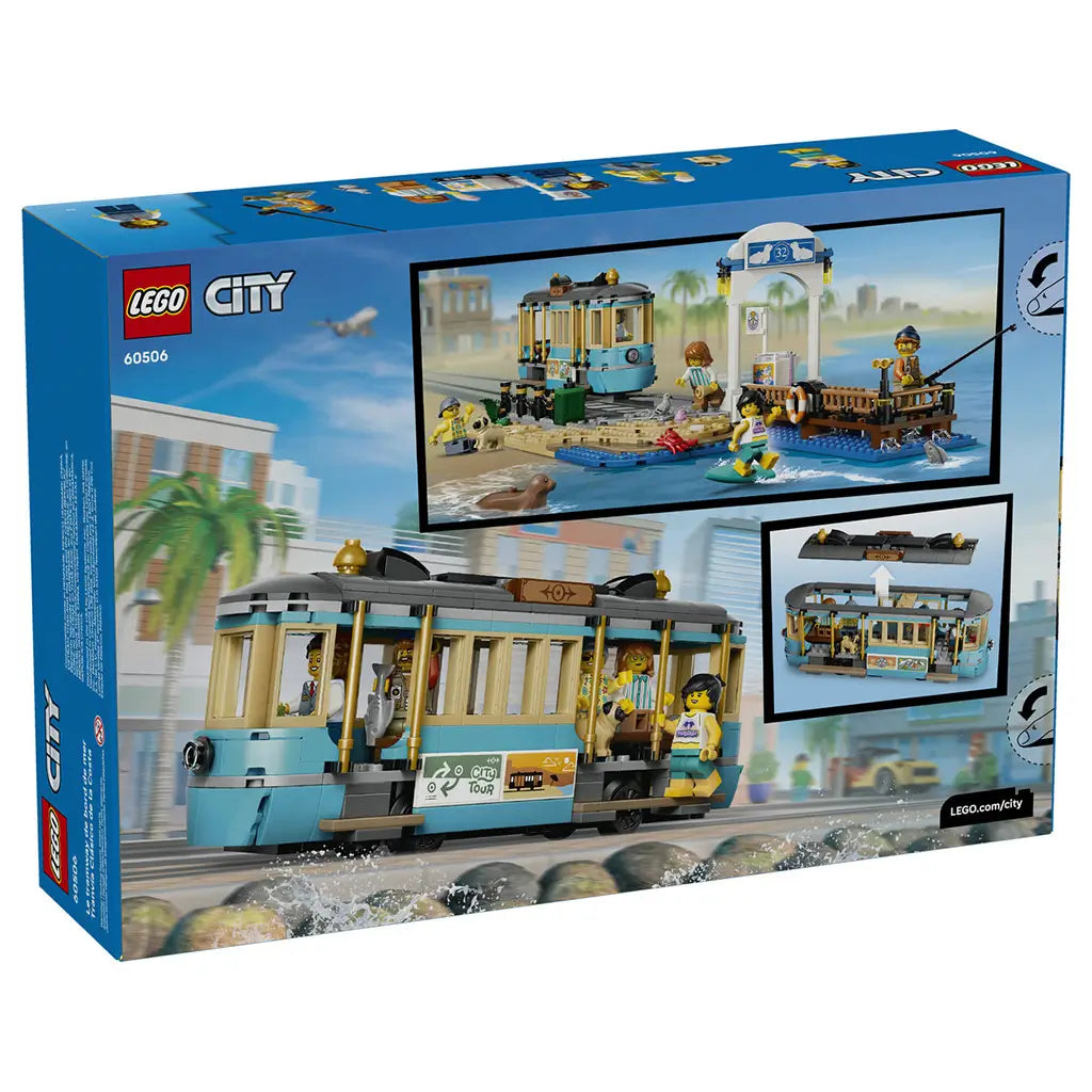 LEGO City Classic Beach Streetcar set 60506 box back in blue shows the turquoise and tan tram beside a seaside stop and fishing pier, plus a removable tram roof.