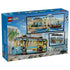 LEGO City Classic Beach Streetcar set 60506 box back in blue shows the turquoise and tan tram beside a seaside stop and fishing pier, plus a removable tram roof.