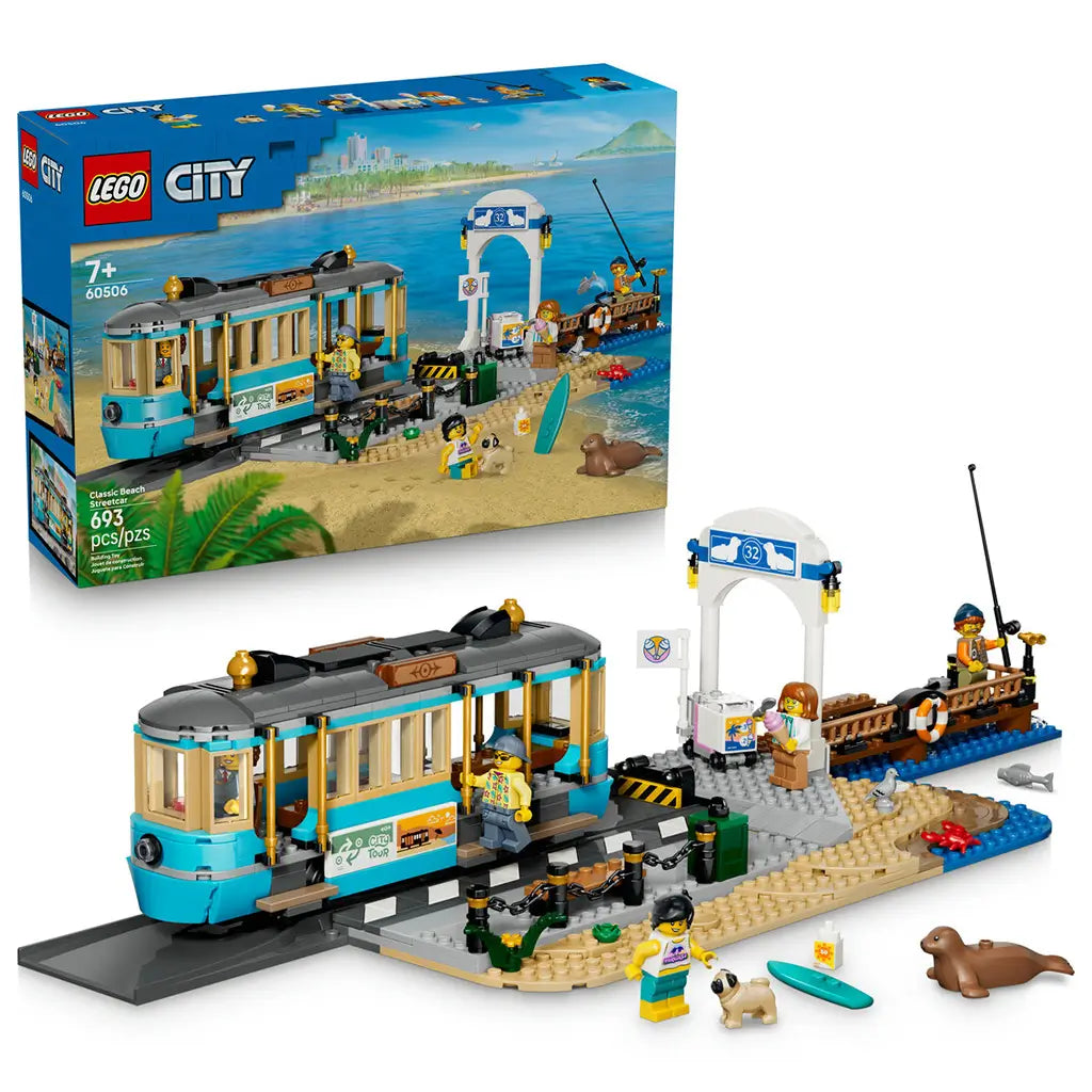 LEGO City Classic Beach Streetcar set 60506 pairs a blue 693-piece box with a turquoise and tan tram, seaside platform, fishing pier, minifigures, dog, and seal.