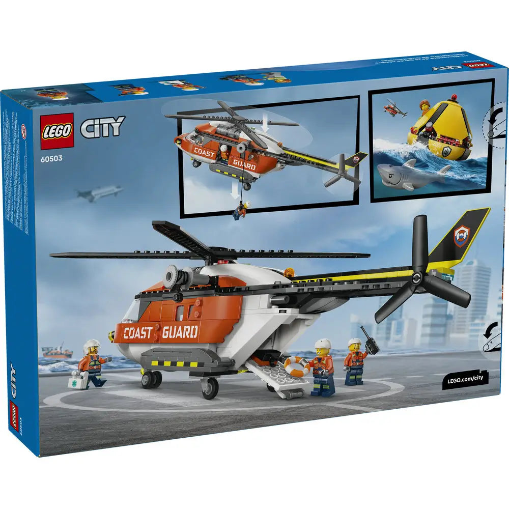 LEGO City product package back showing Coast Guard helicopter rescue features, winch operation, lifeboat pod play functions, included minifigures, and alternate views illustrated with action scenes.