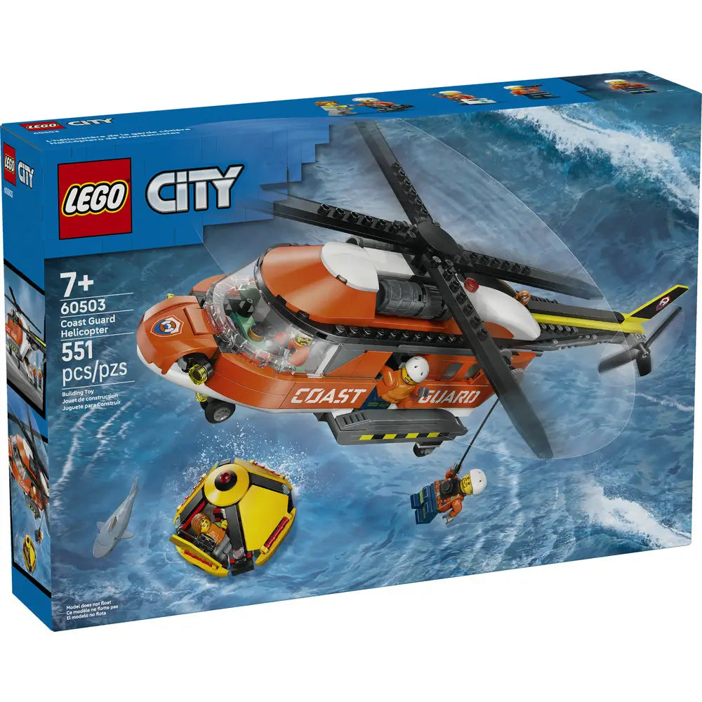 LEGO City Coast Guard Helicopter box with blue packaging, showing an orange rescue helicopter, lifeboat pod, shark, minifigures, age rating, and dramatic ocean rescue artwork on the front panel.