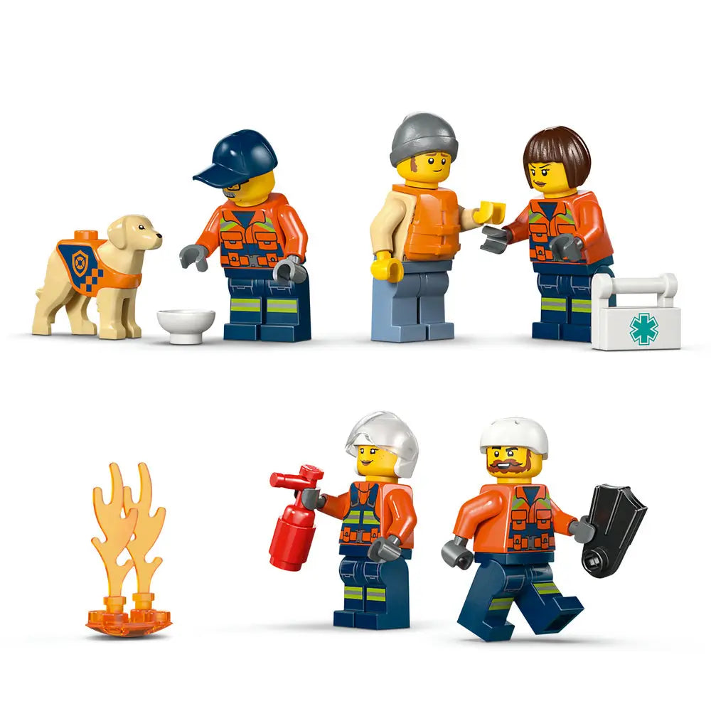 LEGO City Coast Guard minifigures and accessories in orange safety uniforms, including helmets, tools, rescue dog, and fire elements, shown as character and action components on a white studio background.