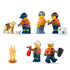 LEGO City Coast Guard minifigures and accessories in orange safety uniforms, including helmets, tools, rescue dog, and fire elements, shown as character and action components on a white studio background.