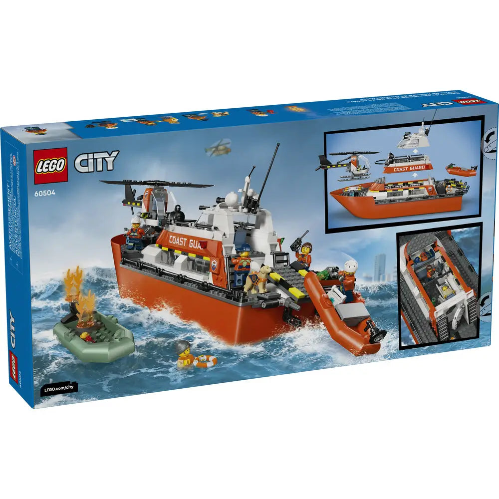 LEGO City product package back showing Coast Guard rescue features, included helicopter and dinghy, minifigures, play functions, and alternate views illustrated with action scenes and detail callouts.