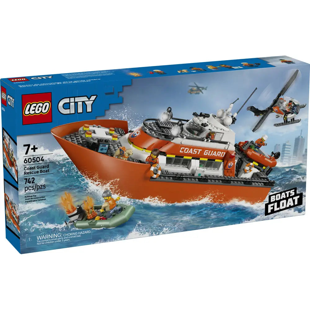 LEGO City Coast Guard Rescue Boat box with blue packaging, showing a large orange rescue ship, helicopter, dinghy, minifigures, age rating, and dramatic ocean rescue artwork on the front panel.