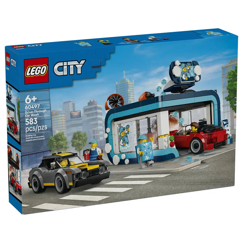 LEGO City Drive-Through Car Wash set 60497 box front in blue shows a teal and white wash bay with rotating brushes, red and gray cars, bubbles, and minifigures.