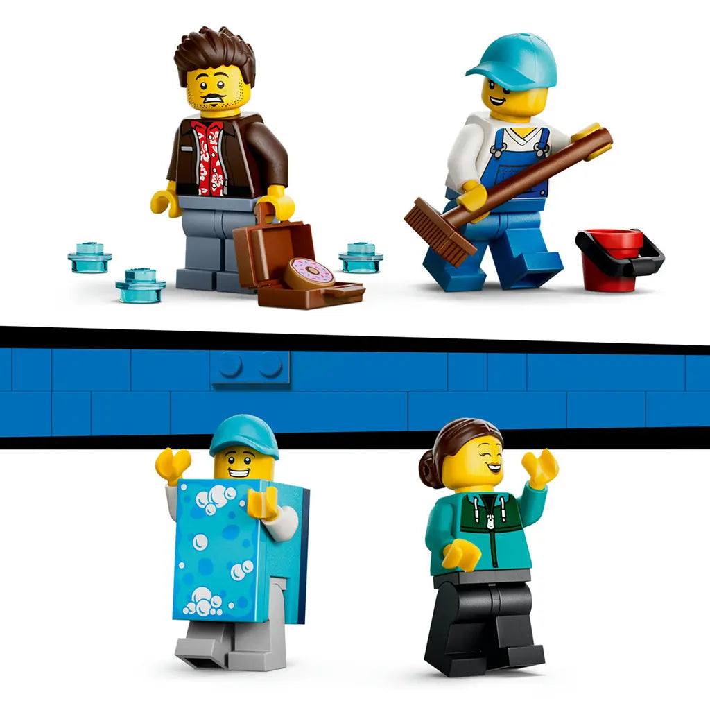 LEGO City car wash minifigures in colorful plastic outfits include a driver with suitcase, worker with broom and bucket, foam-covered figure, and smiling customer.