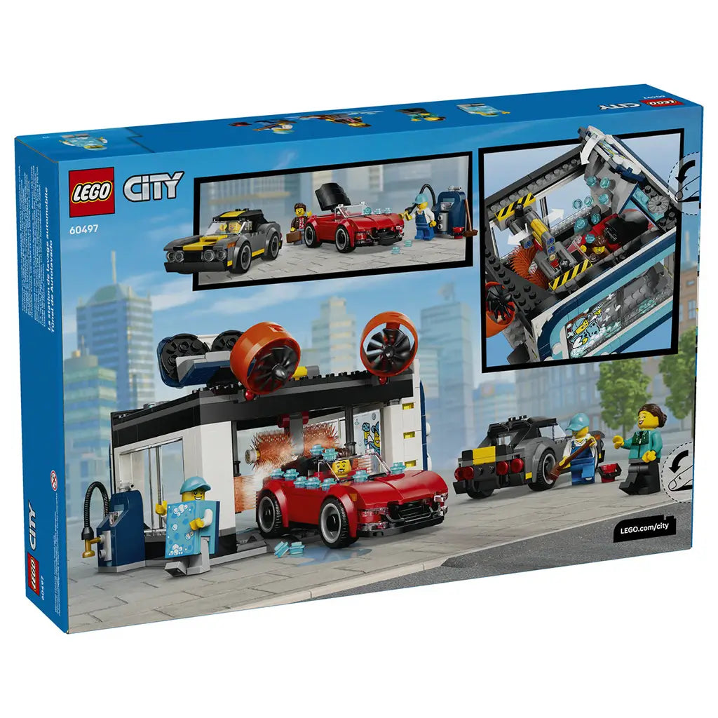 LEGO City Drive-Through Car Wash set 60497 box back in blue shows the teal and white wash bay, red and gray cars, rotating brushes, bubbles, and four minifigures.