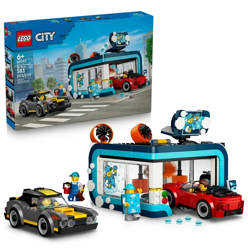 LEGO City Drive-Through Car Wash set 60497 in teal, white, red, gray, and yellow plastic bricks features a wash bay, two cars, rotating brushes, sign, and minifigures.