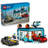 LEGO City Drive-Through Car Wash set 60497 in teal, white, red, gray, and yellow plastic bricks features a wash bay, two cars, rotating brushes, sign, and minifigures.