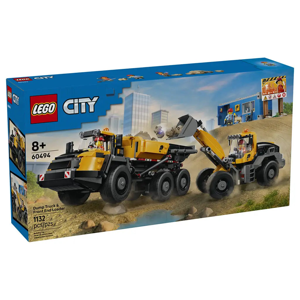 LEGO City Dump Truck & Front End Loader set 60494 box front in blue shows yellow construction vehicles moving tan rocks at a worksite, with workers, office, and safety sign.