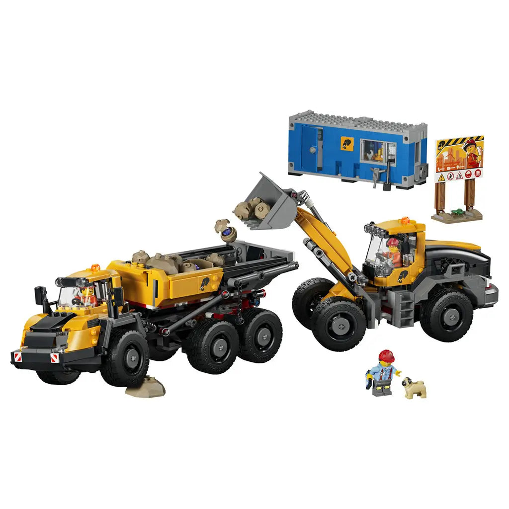 LEGO City Dump Truck & Front End Loader in yellow, black, gray, and blue plastic bricks features two construction vehicles, a site office, workers, rocks, sign, and dog.