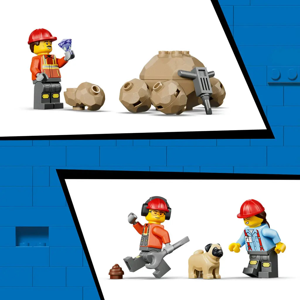 LEGO City construction minifigures in red hard hats and colorful plastic workwear hold a blue crystal and tools beside tan rocks, a jackhammer, small dog, and blue brick backdrop.