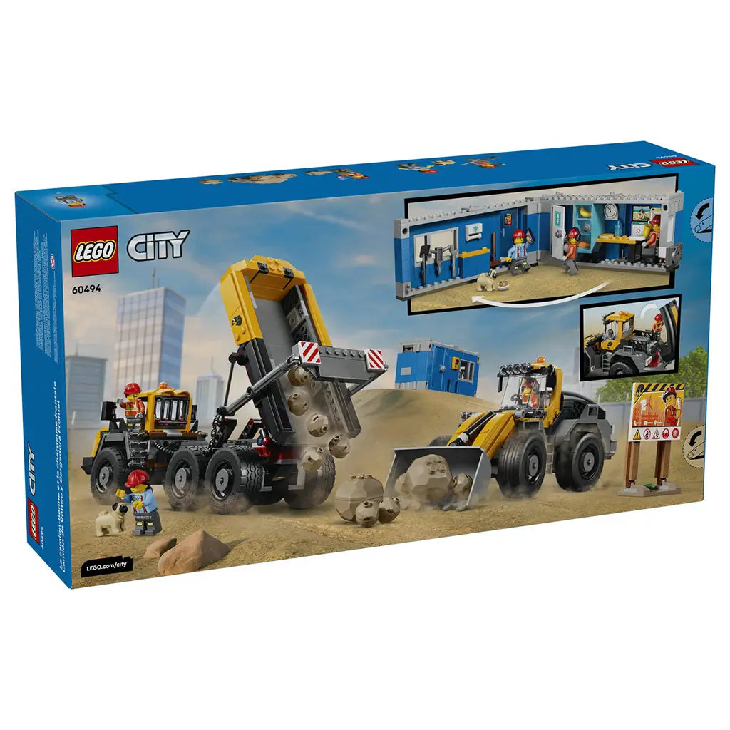 LEGO City Dump Truck & Front End Loader set 60494 box back in blue shows yellow construction vehicles dumping and scooping tan rocks, plus a blue site office and play features.